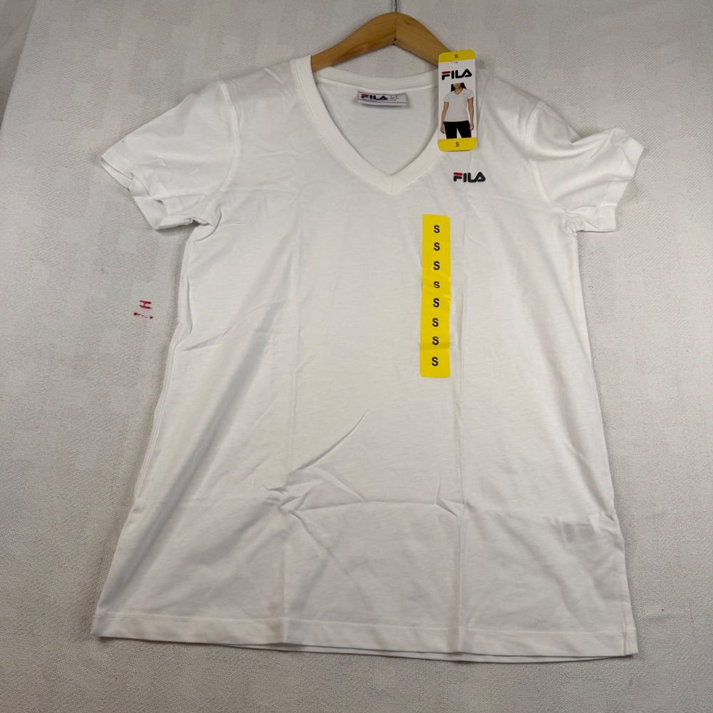 Fila Womens White V-Neck Short Sleeve Cotton Logo T-Shirt Size S New